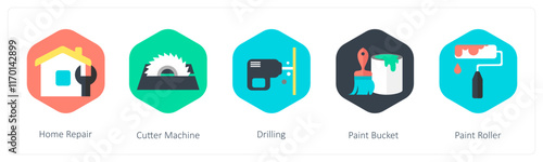 A set of 5 mix icons as home repair, cutter machine, drilling