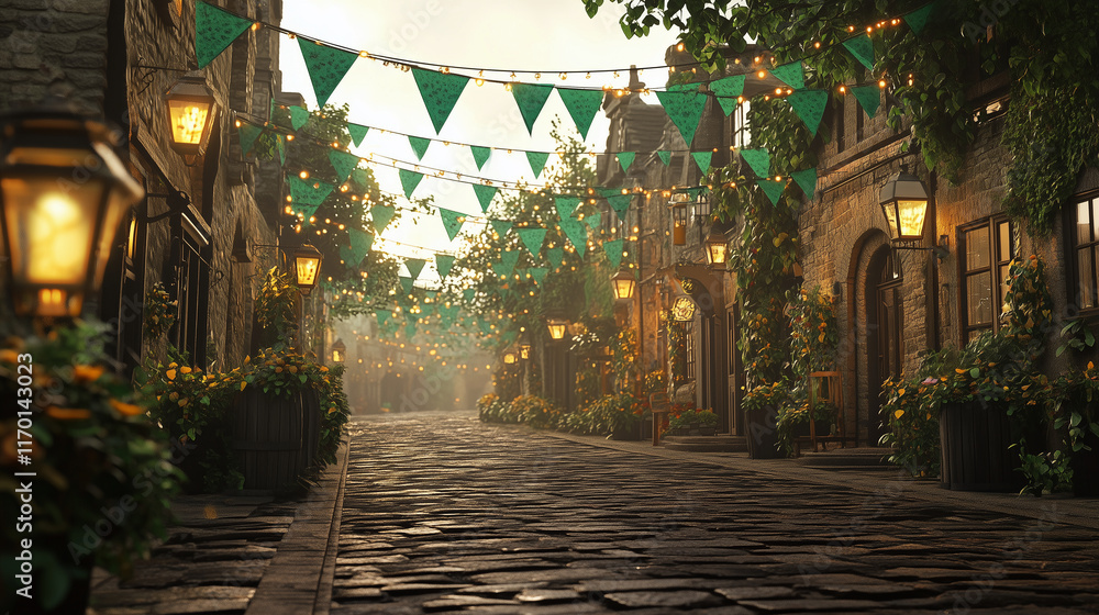 Fototapeta premium A festive scene of a cobblestone street lined with green bunting and lanterns, evoking an Irish village celebration.