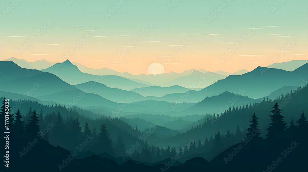 digital green and blue forested landscape with mountains graphics poster background digital green and blue forested landscape with mountains graphics poster background