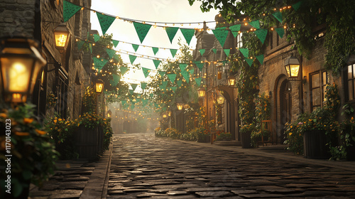A festive scene of a cobblestone street lined with green bunting and lanterns, evoking an Irish village celebration.