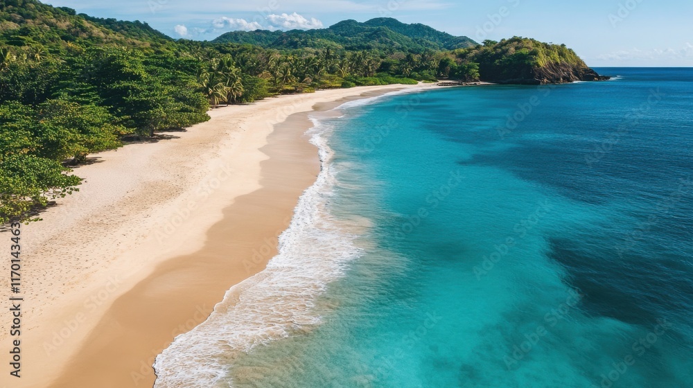 Obraz premium Aerial view of a tropical beach with golden sand and crystal-clear blue waves gently washing ashore