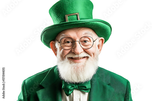 Happy senior man wearing leprechaun costume smiling on white background photo