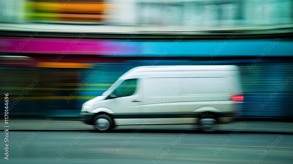 Delivery van driving away on street, symbolizing efficient logistics and timely service in modern transportation and supply chain management Delivery van driving away on street, symbolizing efficient logistics and timely service in modern transportation and supply chain management