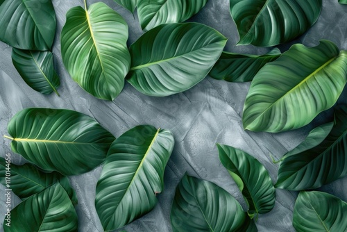 Wallpaper Mural Green tropical leaf pattern on gray background. Summer flat lay. Torontodigital.ca