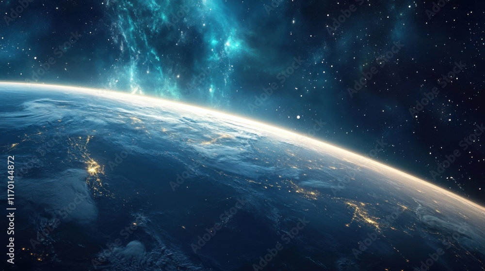Obraz premium A glowing aurora as seen from space, dancing across Earth's poles