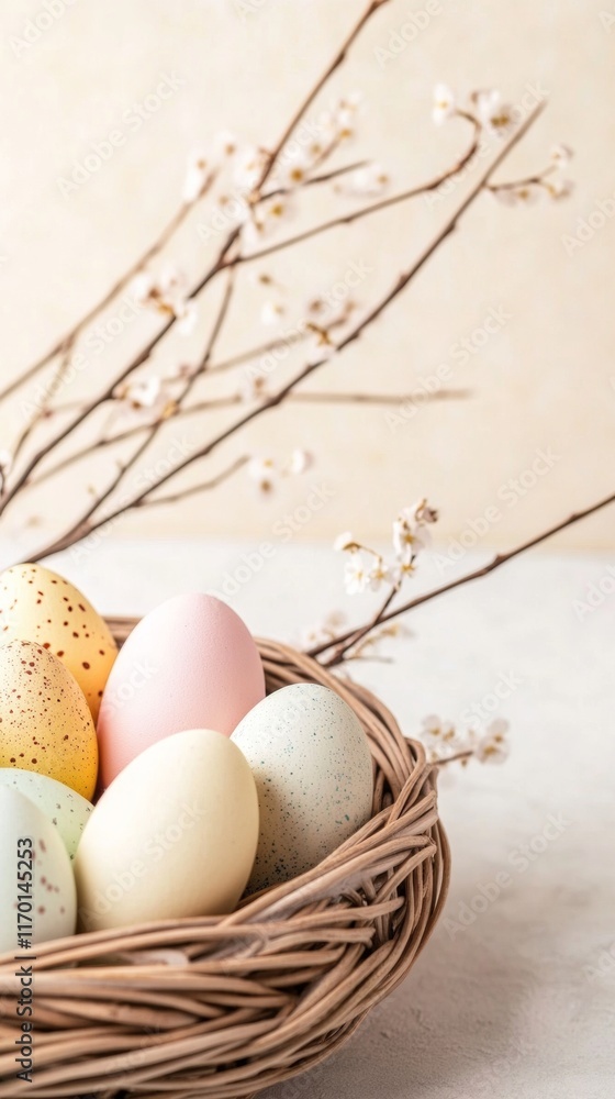 Pastel Easter Eggs in Woven Basket with Blooming Branches Pastel Easter Eggs in Woven Basket with Blooming Branches