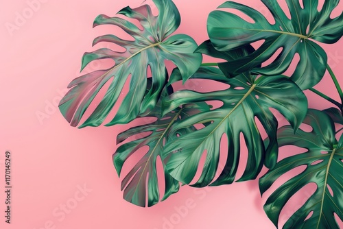Monstera leaves summer minimal background with mock up space.