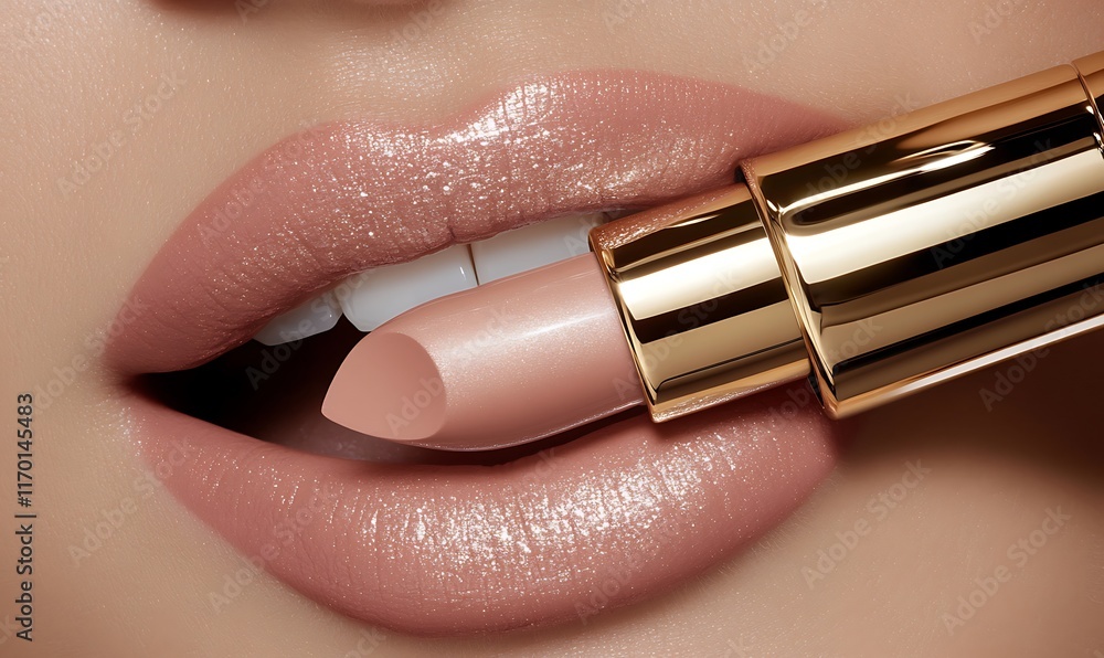 Obraz premium Close-up of lips with nude lipstick and a lipstick bullet.