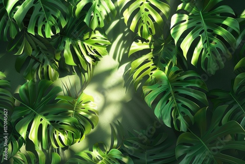 Shadow background of tropical monstera and palm leaves   overhead view