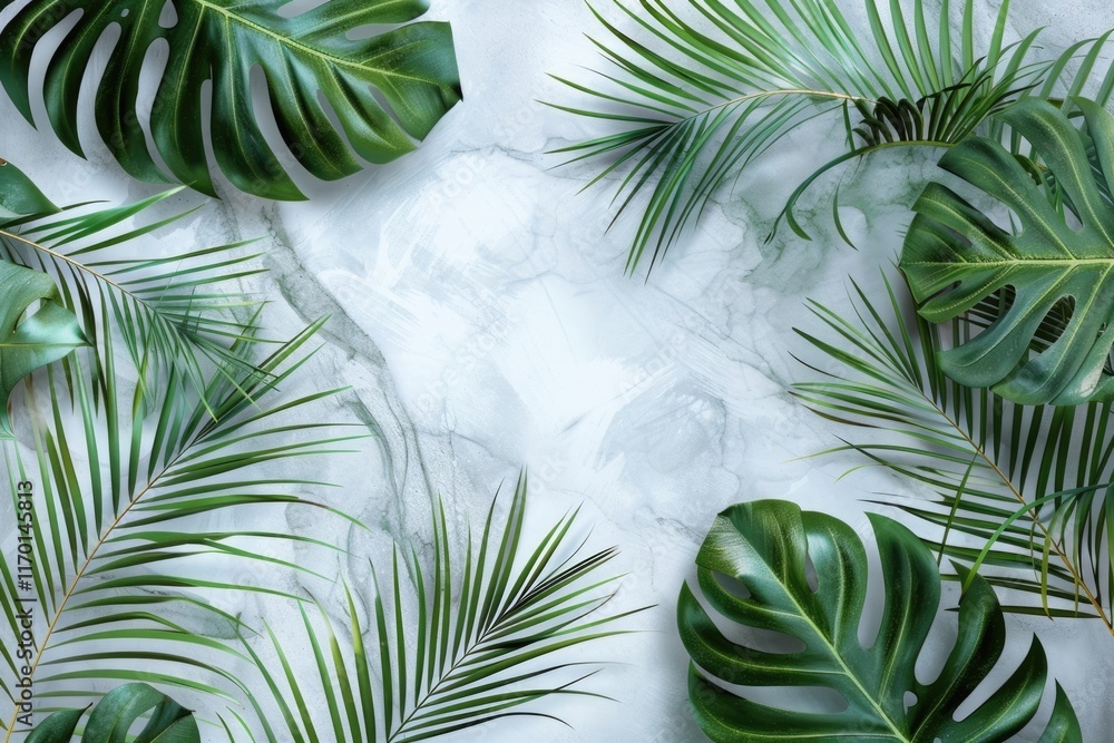 Tropical summer composition with palm leaves on marble paper. Tropical summer composition with palm leaves on marble paper.