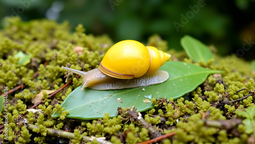 The grove snail, brown-lipped snail or Lemon snail Cepaea nemoralis air-breathing land snail, a terrestrial pulmonate gastropod mollusc with yellow shell on leave in motion moving on green bush photo