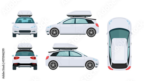 White Electric Vehicle with car roof box Views: Car Projections from All Angles, Front, Back, Top, Rear, and Side view. Vector.