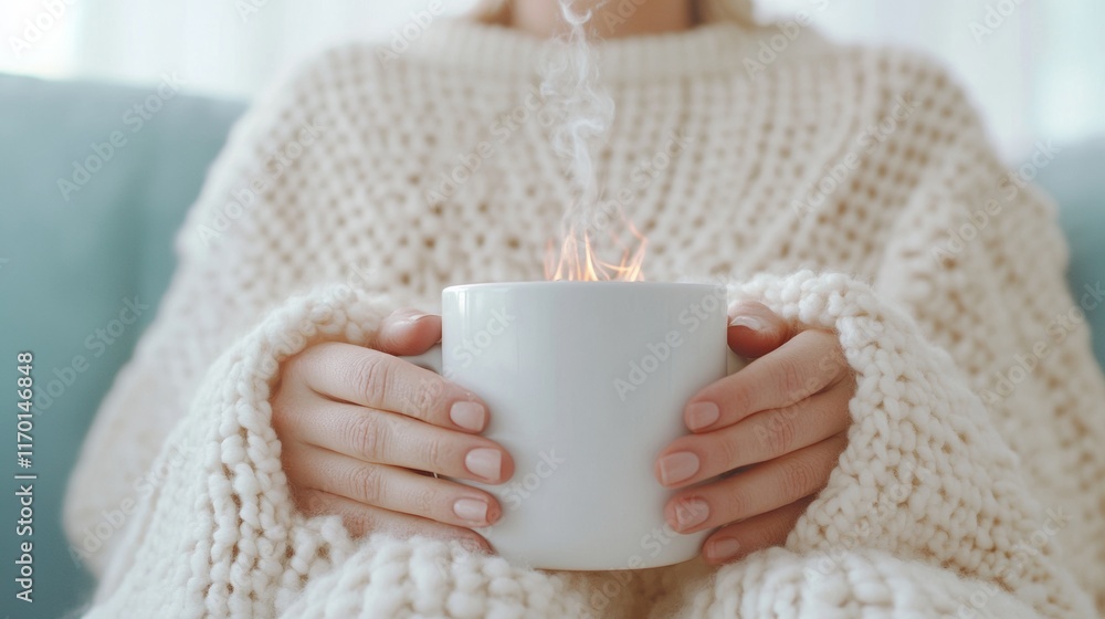 Cozy Winter Moment Woman with Hot Cocoa and Knit Blanket by Fireplace Cozy Winter Moment Woman with Hot Cocoa and Knit Blanket by Fireplace
