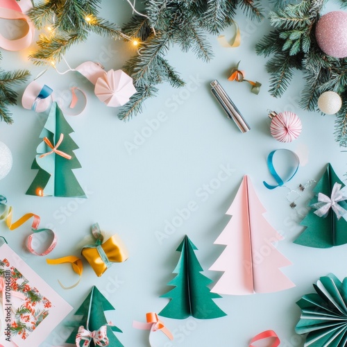 Festive DIY Christmas Crafting Table with Paper Trees and Ribbons photo