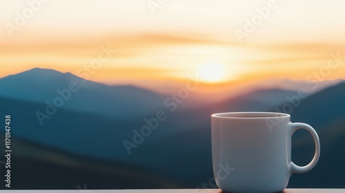 Morning coffee becomes a cherished habit. Serene sunrise with a coffee cup against mountain backdrop.