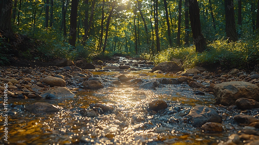 Sunlit Stream Flows Through A Forest Of Trees Sunlit Stream Flows Through A Forest Of Trees