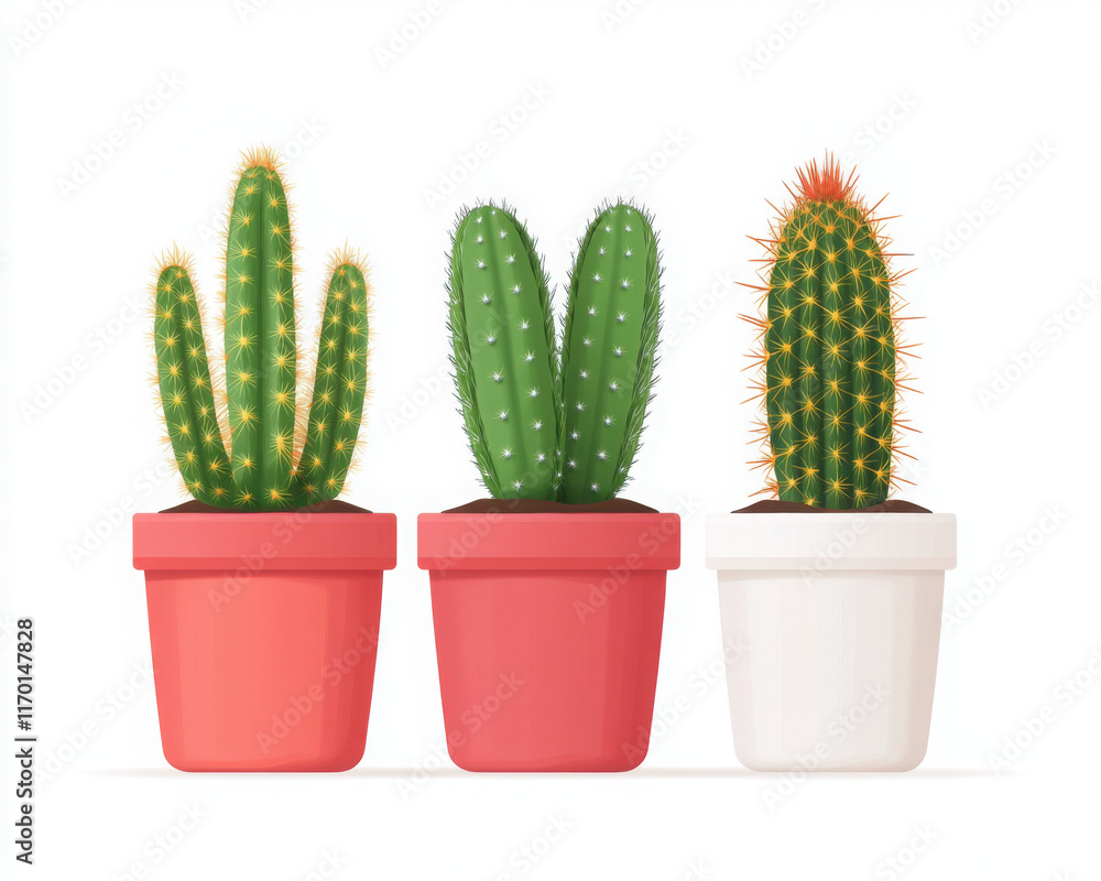 Three distinct cacti in colorful pots, showcasing unique shapes. Three distinct cacti in colorful pots, showcasing unique shapes.