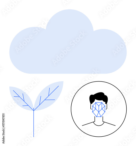 Large cloud, facial recognition diagram on a human face, and plant with leaves represent technology, biometrics, AI, cloud storage, sustainability, innovation, and abstract line flat metaphor