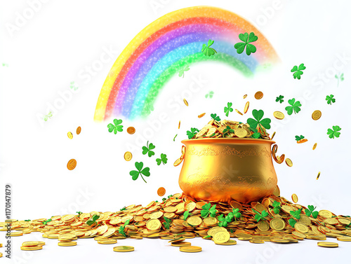 A pot of gold with clovers and a rainbow symbolizes luck, prosperity, and St. Patrick's Day celebrations. photo