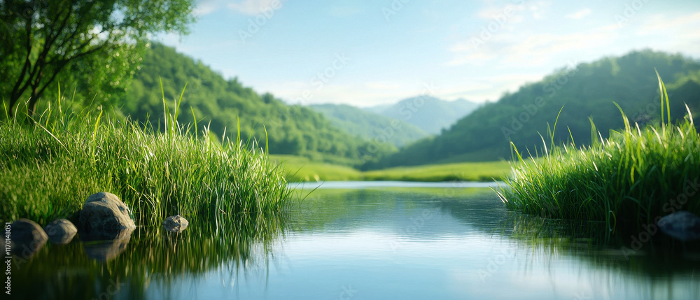 Fototapeta premium A serene landscape featuring a calm river surrounded by lush greenery and rolling hills under a clear blue sky.