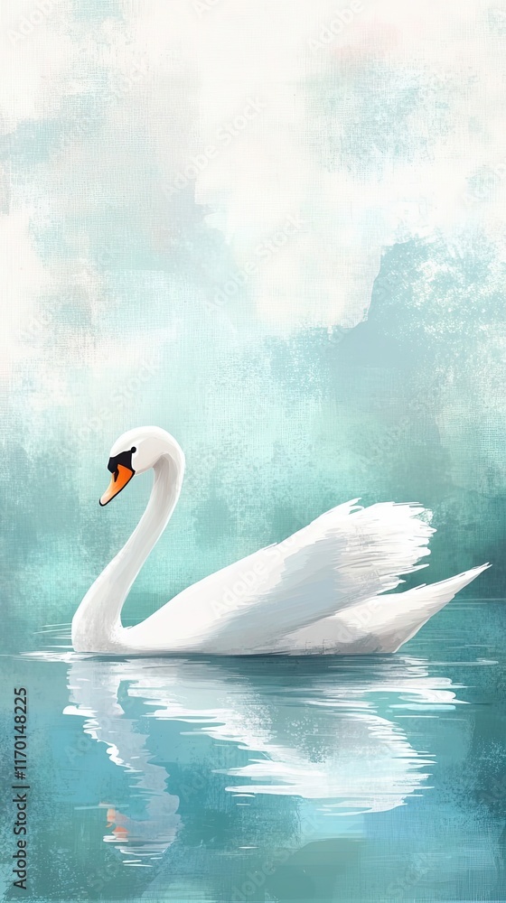 Fototapeta premium Elegant White Swan Gracefully Swimming on Calm Teal Water