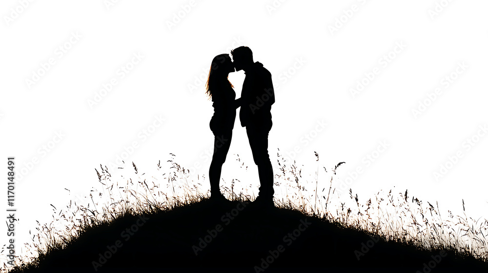 Silhouette of Romantic Couple Kissing on Hilltop Grass Sunset Silhouette of Romantic Couple Kissing on Hilltop Grass Sunset