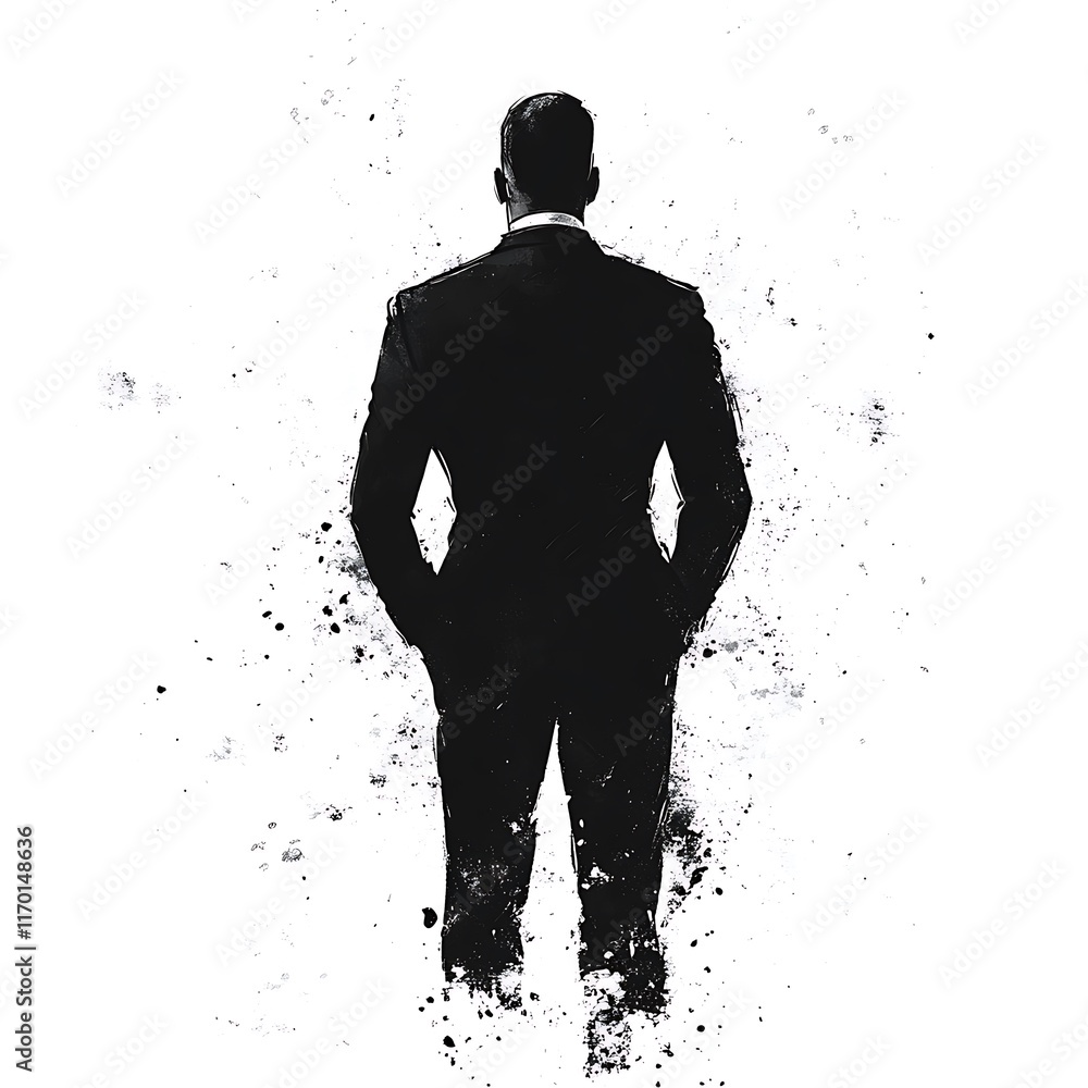 Stylish Black and White Illustration of a Man in a Suit from Behind, Set Against a Grunge Background. Stylish Black and White Illustration of a Man in a Suit from Behind, Set Against a Grunge Background.