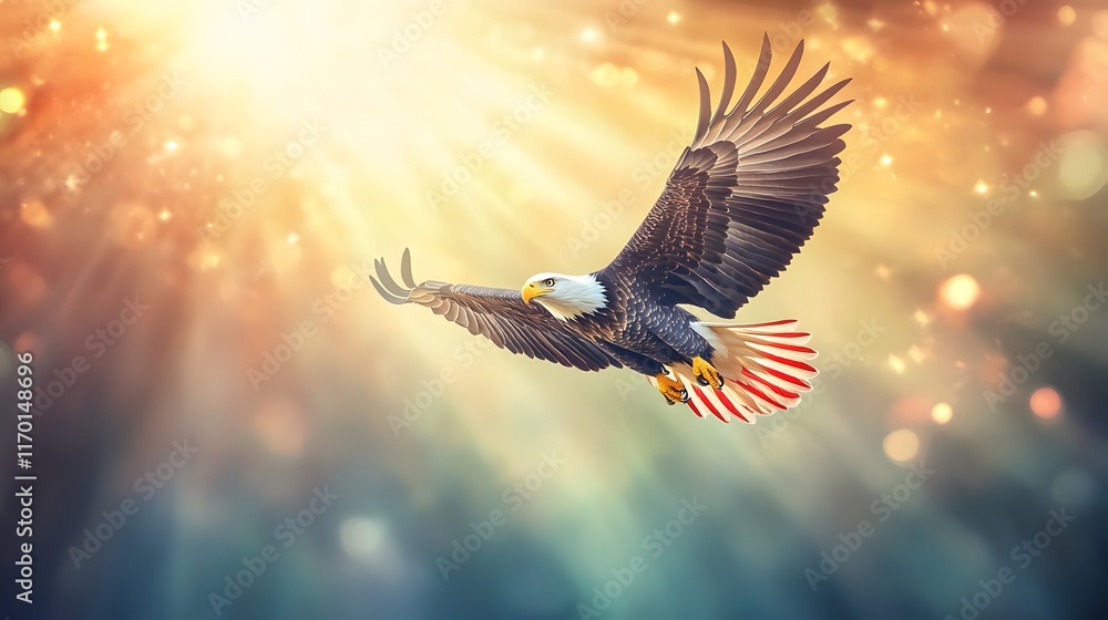 Fototapeta premium Majestic Bald Eagle Soaring Through Golden Sunlight