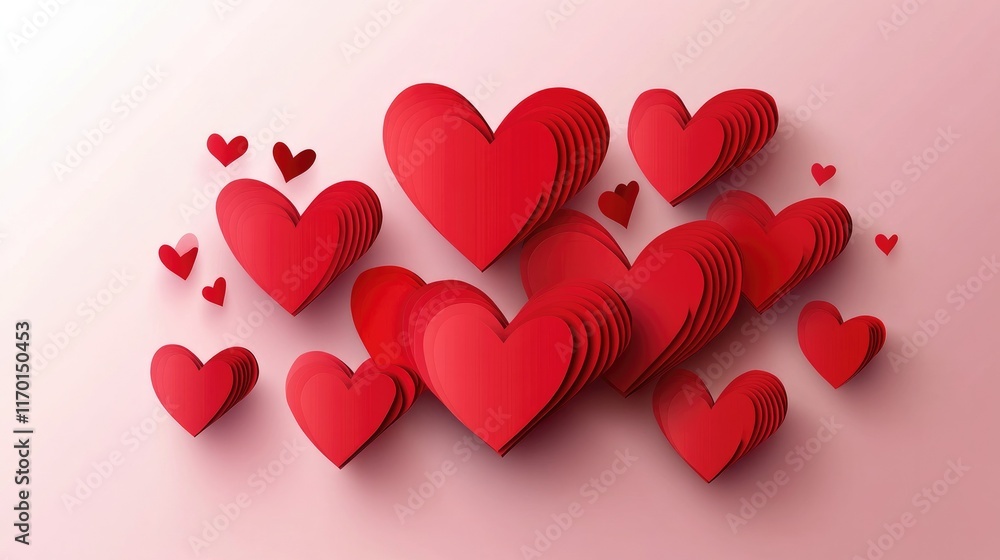 Beautiful red paper-cut hearts arranged on a soft pink background, perfect for Valentine Day or romantic designs Beautiful red paper-cut hearts arranged on a soft pink background, perfect for Valentine Day or romantic designs