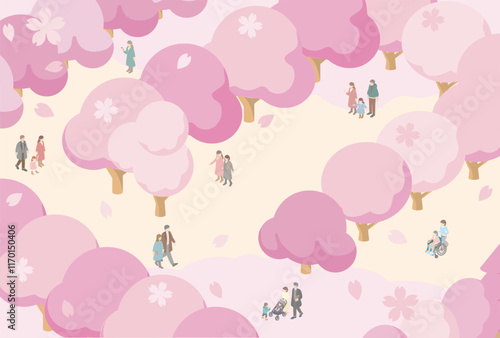 フレーム　アイソメトリック　人物　ファミリー　キッズ　春　お花見　さくら　桜　背景　イラスト素材