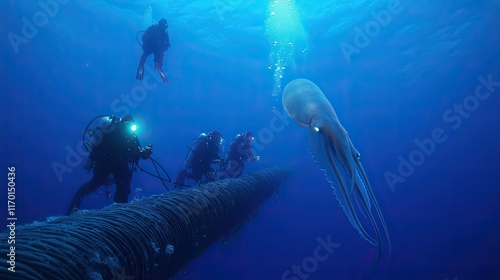 Divers Exploring Ocean Depths Near Giant Squid photo