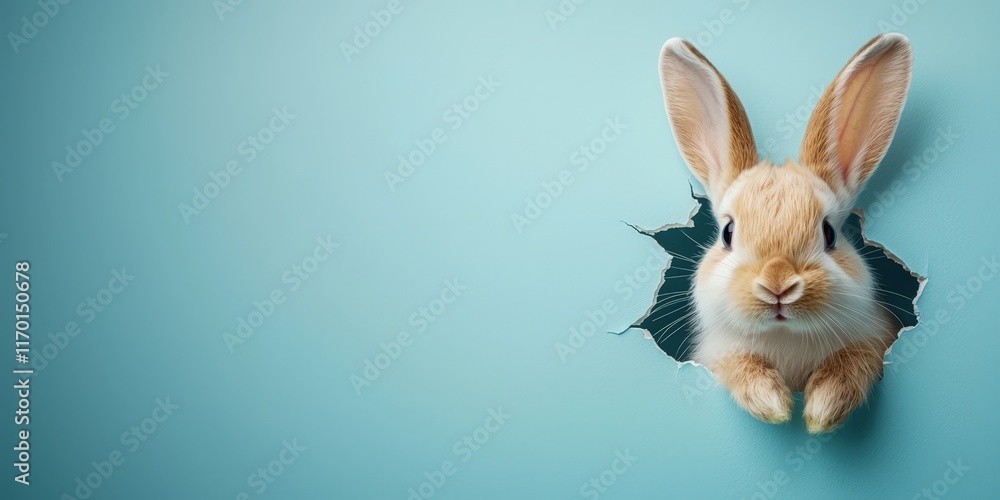 Adorable fluffy-eared bunny peeking out of a torn hole in a blue wall, perfect for Easter-themed banners and playful designs. .