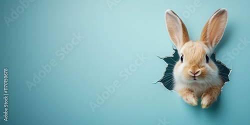 Obraz na płótnie Adorable fluffy-eared bunny peeking out of a torn hole in a blue wall, perfect for Easter-themed banners and playful designs. . w salonie