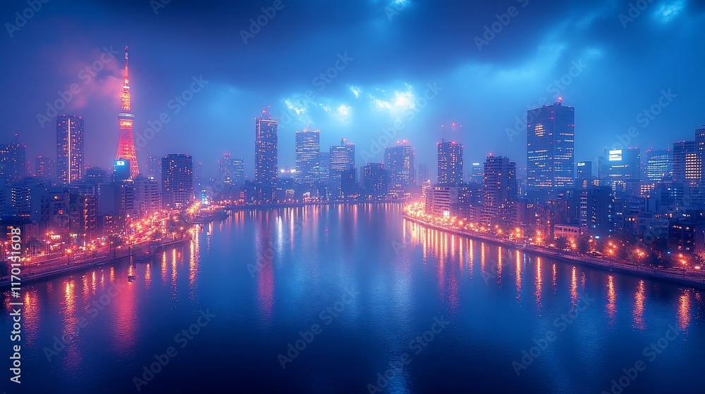 Fototapeta premium Tokyo Cityscape Night Lights Reflecting On Water