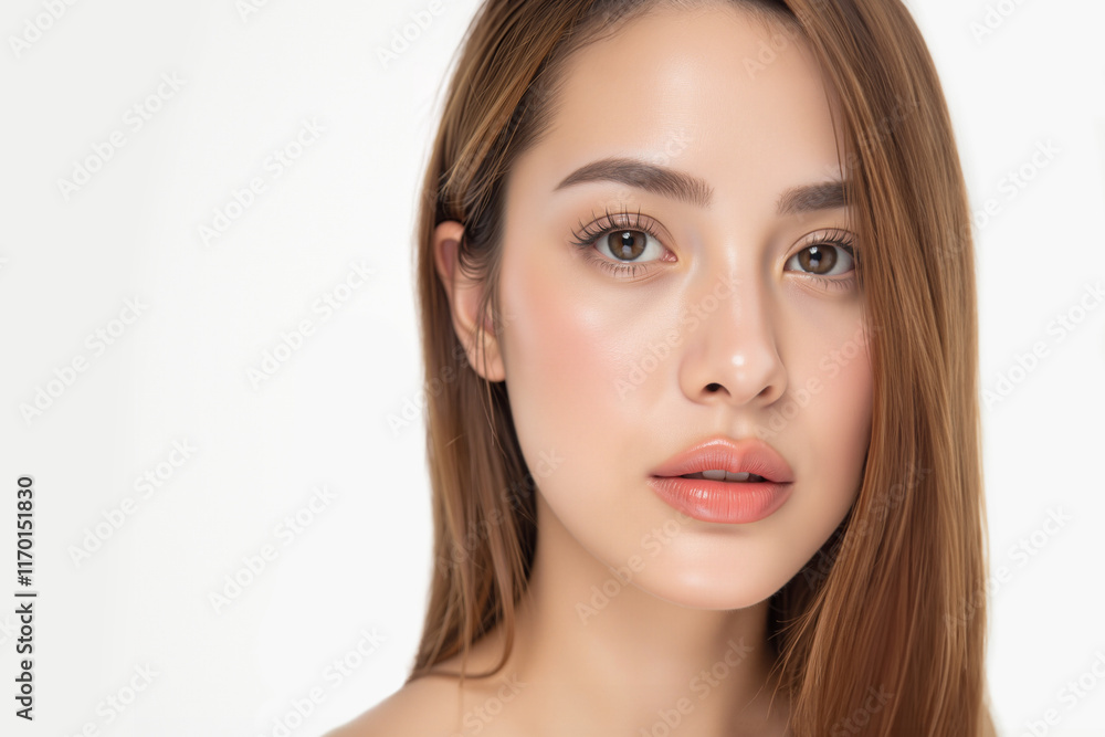 Realistic Closed-up Generative AI of Europe woman applying cosmetic on white background, Free space for text. Realistic Closed-up Generative AI of Europe woman applying cosmetic on white background, Free space for text.