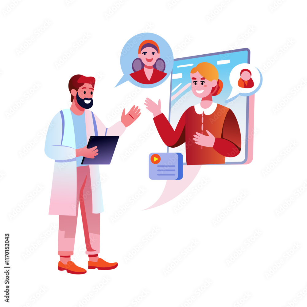 A flat illustration of a character doing language practice with ai assistant
