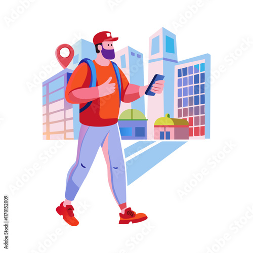 A flat illustration of a character using gps tracking app 
