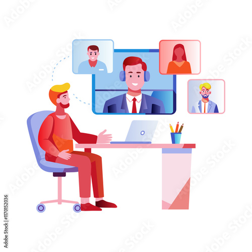 A flat illustration of characters doing online meeting 

