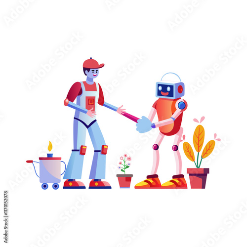 A flat illustration of robot gardening 
