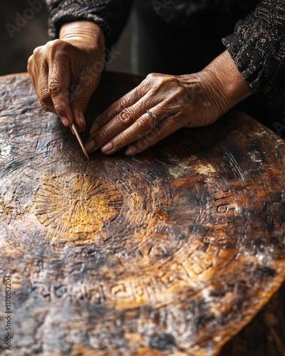 Crafting Equality Close-Up of a Womans Hand Engraving on Wood photo