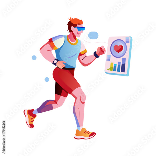 A flat illustration of jogging man wearing fitness tracking device

