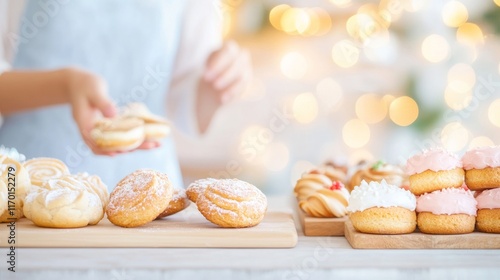 Festive Dessert Stall with Homemade Pastries and Cookies Under Warm Fairy Lights photo