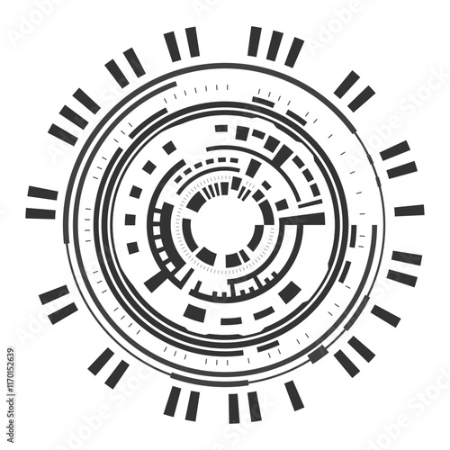 Abstract Technology Circle. A minimalist black and white circular graphic featuring a futuristic tech pattern. Use for logo, banner, poster, presentation, wallpaper, website, app, interface, science.
