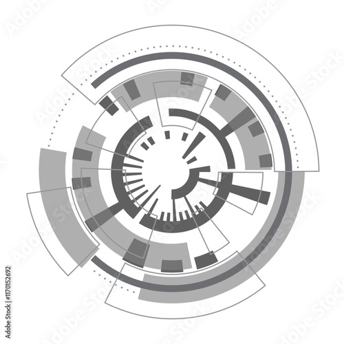 Abstract Technology Circle. A minimalist black and white circular graphic featuring a futuristic tech pattern. Use for logo, banner, poster, presentation, wallpaper, website, app, interface, science.
