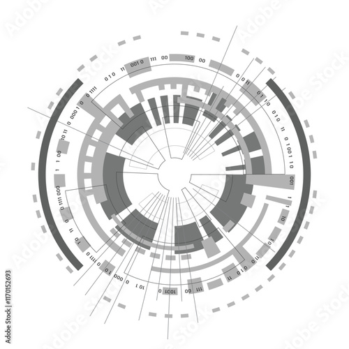 Abstract Technology Circle. A minimalist black and white circular graphic featuring a futuristic tech pattern. Use for logo, banner, poster, presentation, wallpaper, website, app, interface, science.
