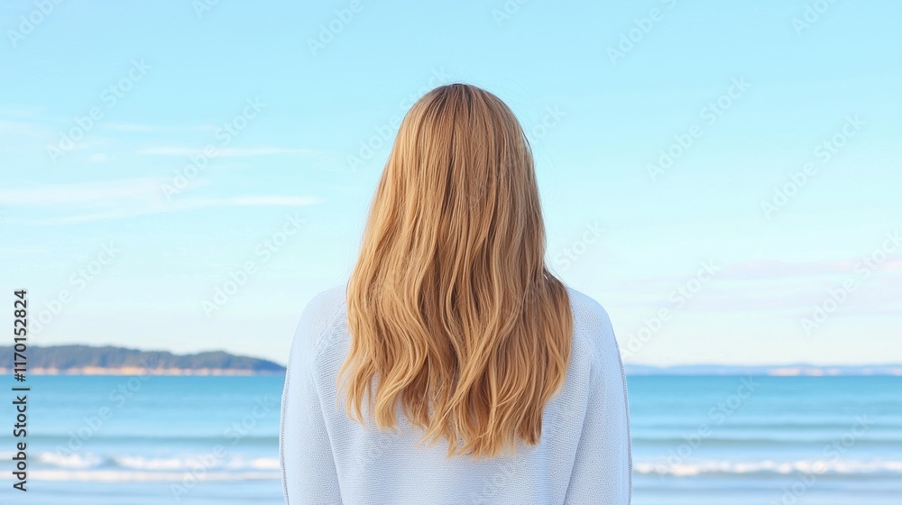 Obraz premium A young woman standing on a beach, gazing at the horizon, lost in thought as the waves crash on the shore.