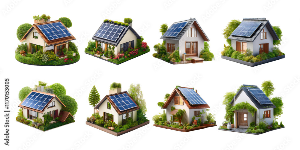 Fototapeta premium Modern Homes with Solar Panels Surrounded by Lush Greenery