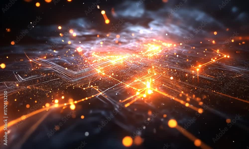 Abstract digital landscape with glowing circuits and particles creating a futuristic atmosphere. Abstract digital landscape with glowing circuits and particles creating a futuristic atmosphere.