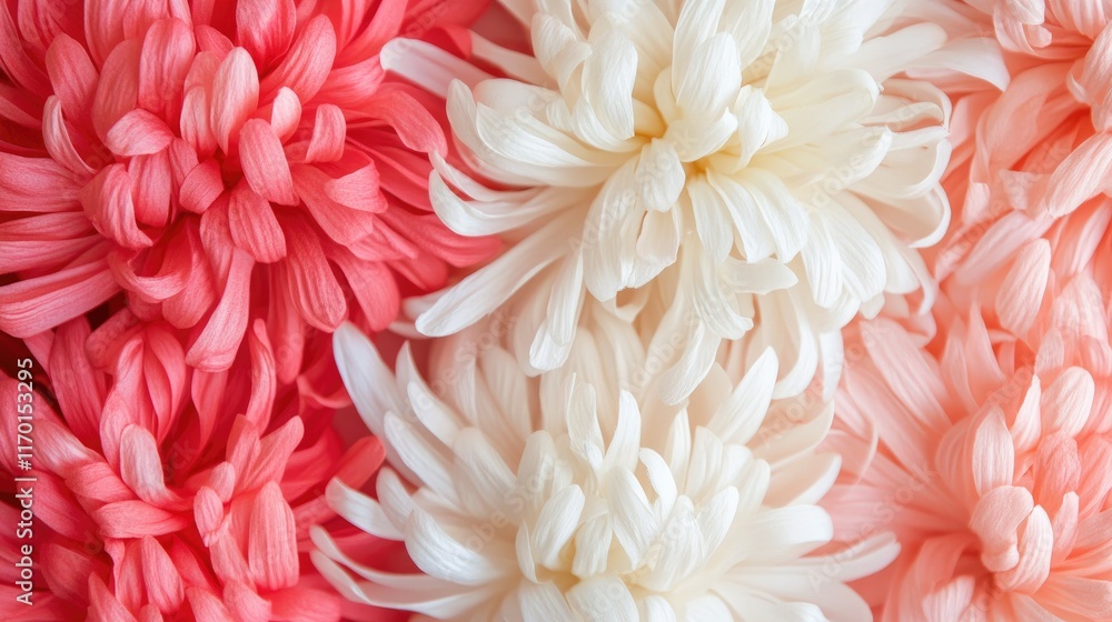 Fototapeta premium Lush chrysanthemum flower wall showcasing a gradient of red, pink, and white hues, crafted for weddings or luxurious decor