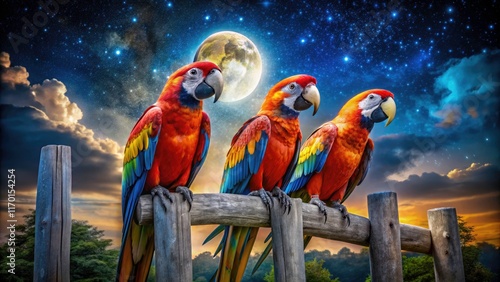 Starry expanse cradles three arara macaws; their vivid feathers a fiery contrast to the inky black.